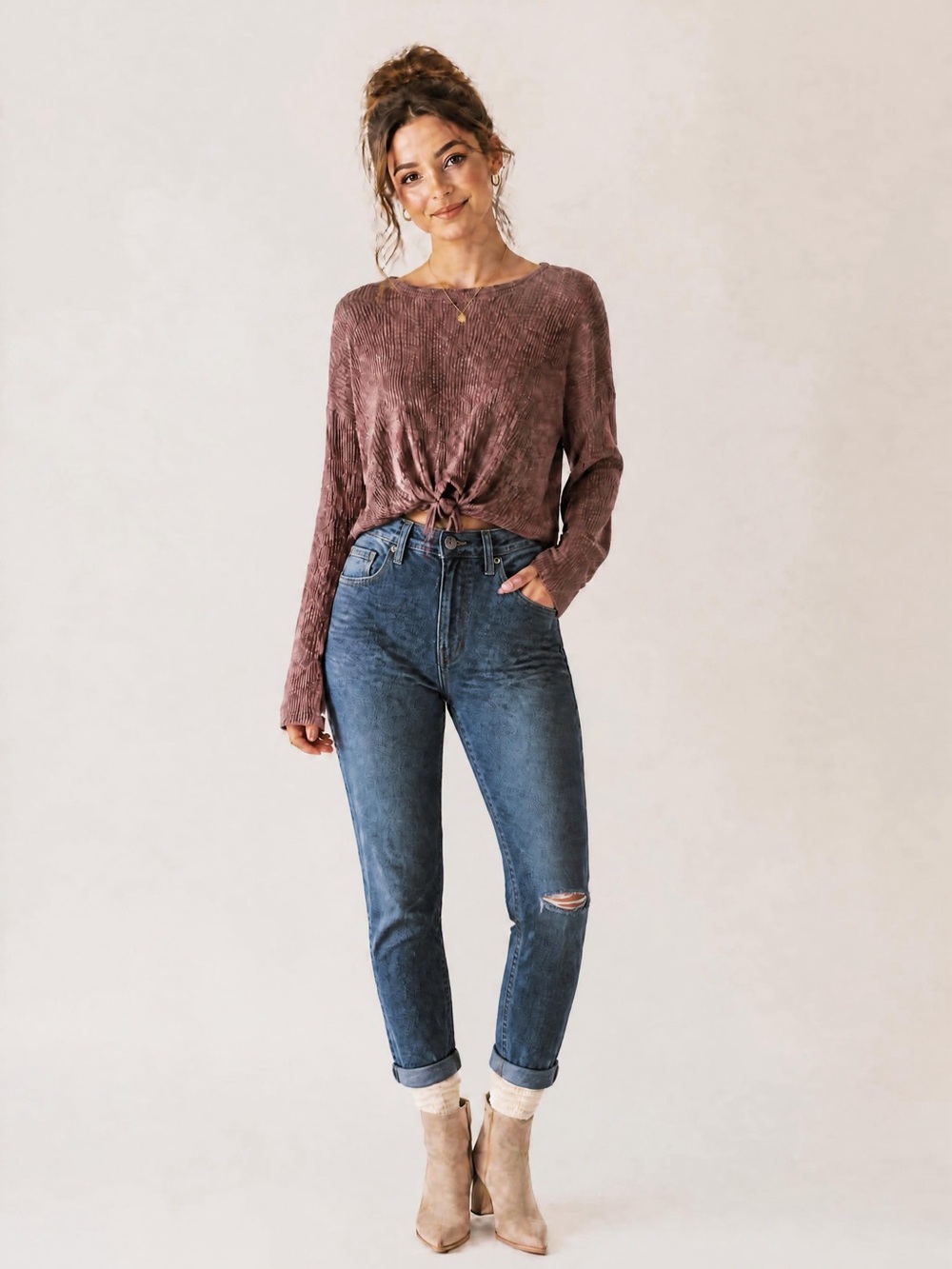 Forever 21 Dusty Mauve Knit Tie-Front Long Sleeve Top